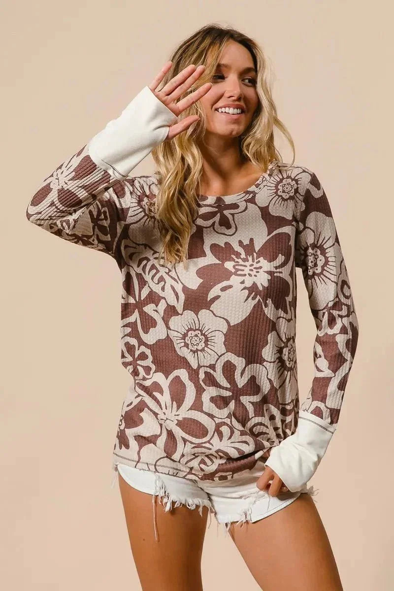 BiBi Flower Printed Waffle Thumb Opening Top - VILLA FASHION