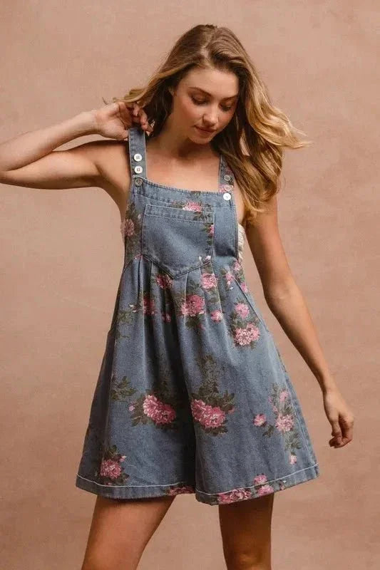 BiBi Flower Printed Wide Strap Denim Overalls - VILLA FASHION