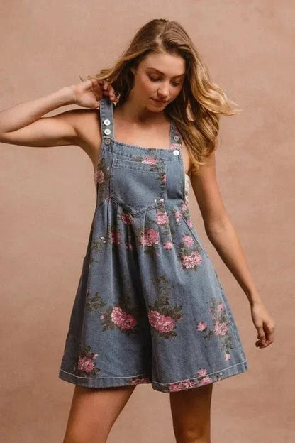 BiBi Flower Printed Wide Strap Denim Overalls - VILLA FASHION