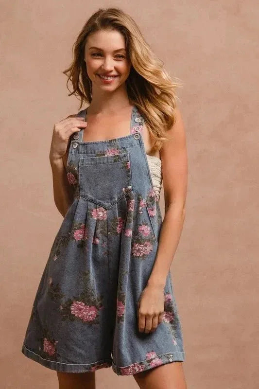 BiBi Flower Printed Wide Strap Denim Overalls - VILLA FASHION