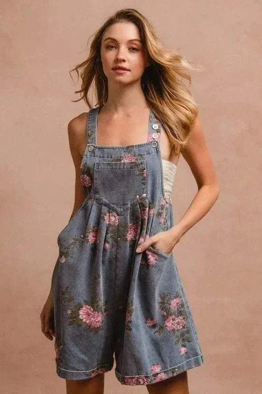 BiBi Flower Printed Wide Strap Denim Overalls - VILLA FASHION