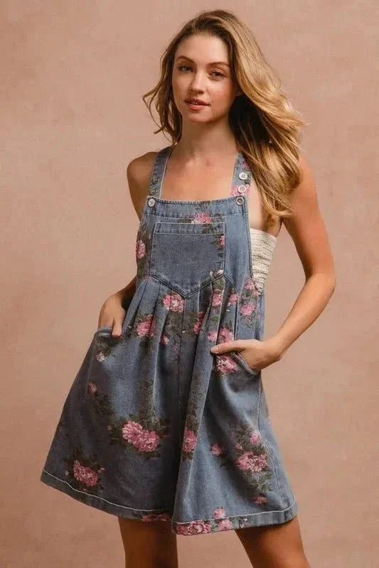 BiBi Flower Printed Wide Strap Denim Overalls - VILLA FASHION