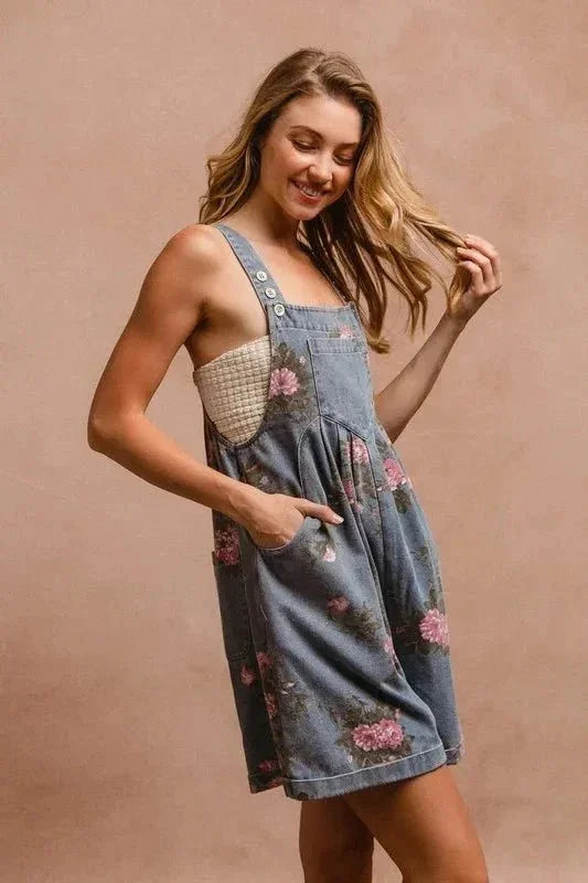 BiBi Flower Printed Wide Strap Denim Overalls - VILLA FASHION