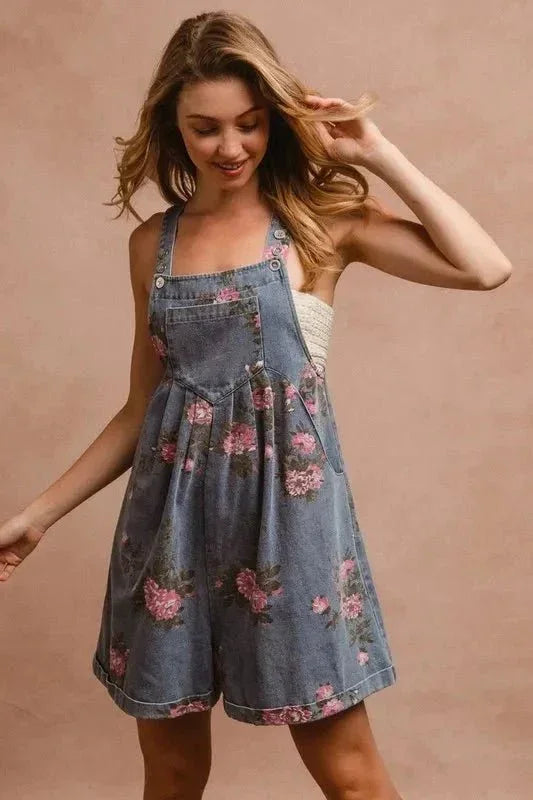 BiBi Flower Printed Wide Strap Denim Overalls - VILLA FASHION