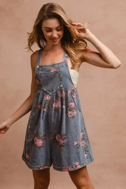 BiBi Flower Printed Wide Strap Denim Overalls - VILLA FASHION