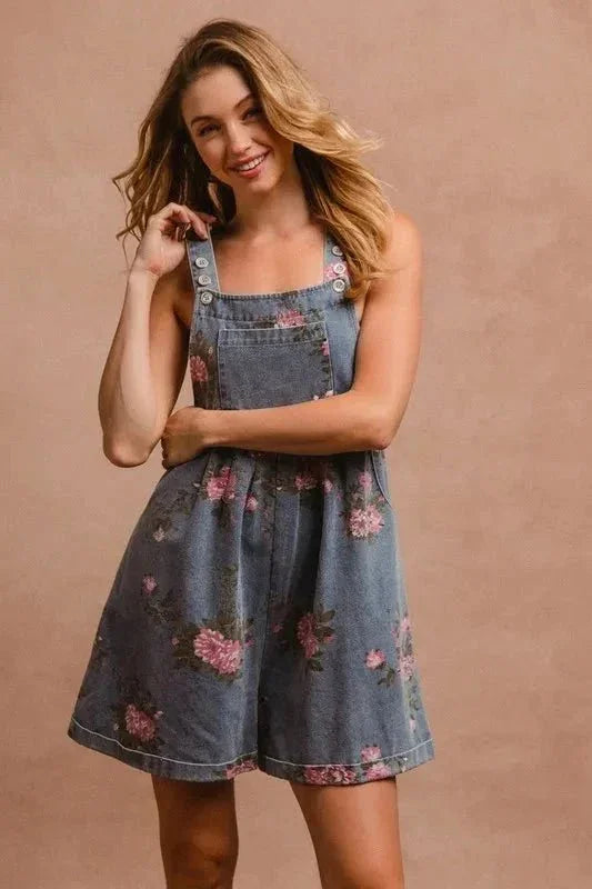 BiBi Flower Printed Wide Strap Denim Overalls - VILLA FASHION