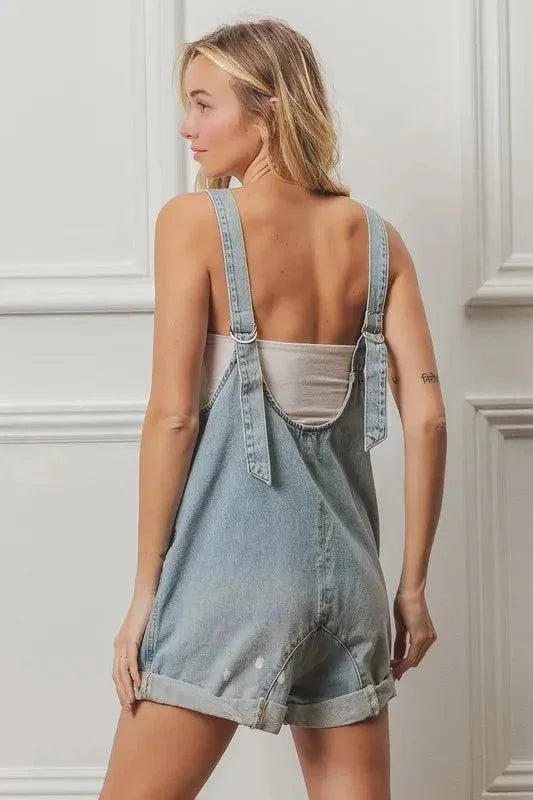 BiBi Folded Hem Vintage Washed Denim Overalls - VILLA FASHION