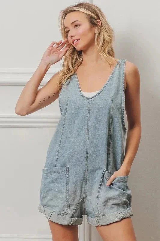 BiBi Folded Hem Vintage Washed Denim Overalls - VILLA FASHION