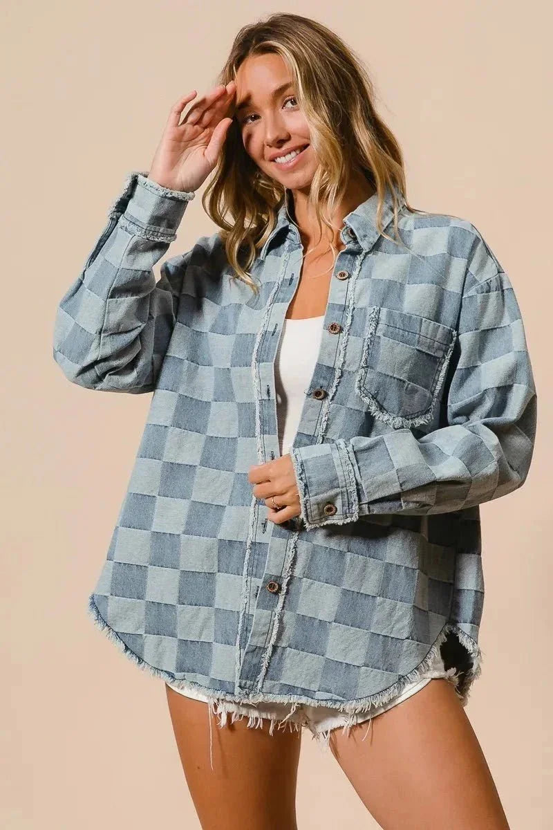 BiBi Frayed Edged Detail Washed Checker Denim Shirt - VILLA FASHION