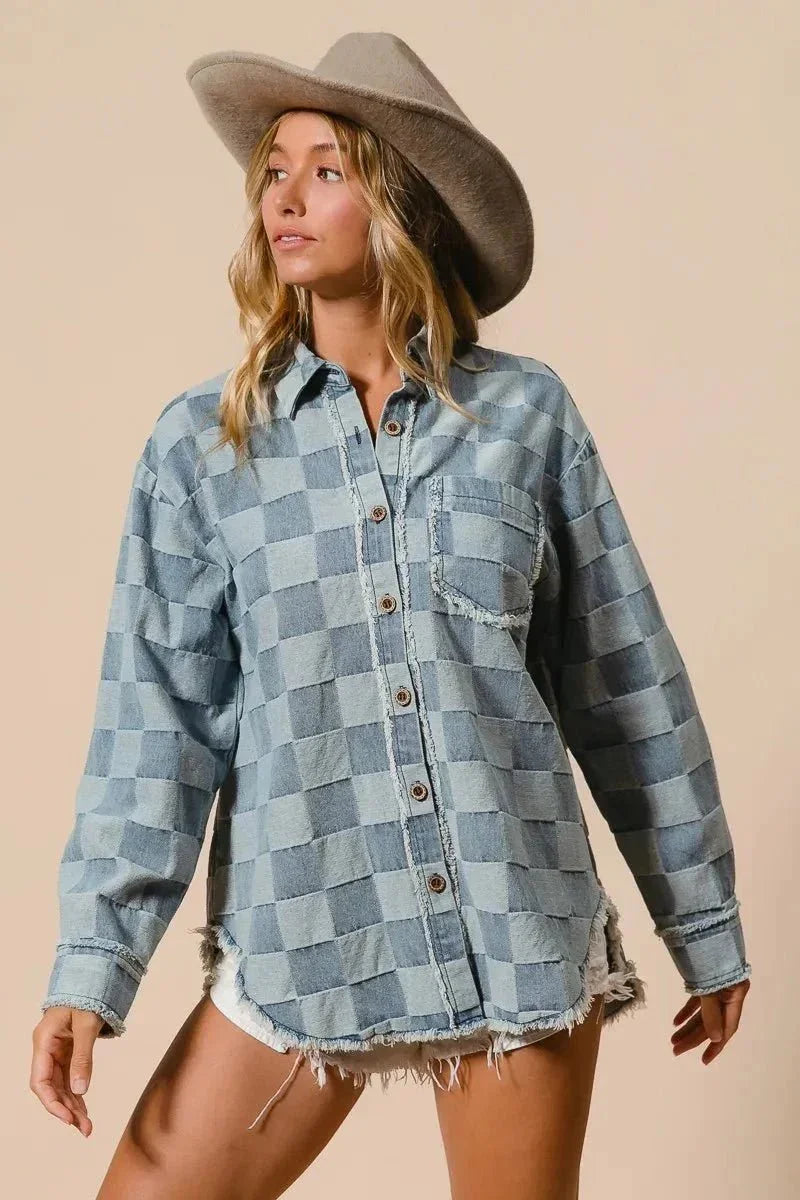 BiBi Frayed Edged Detail Washed Checker Denim Shirt - VILLA FASHION