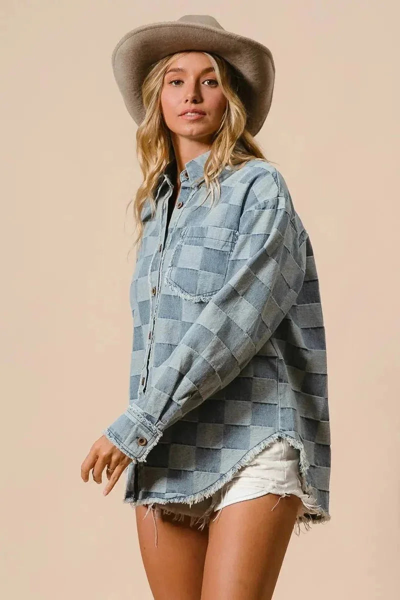BiBi Frayed Edged Detail Washed Checker Denim Shirt - VILLA FASHION