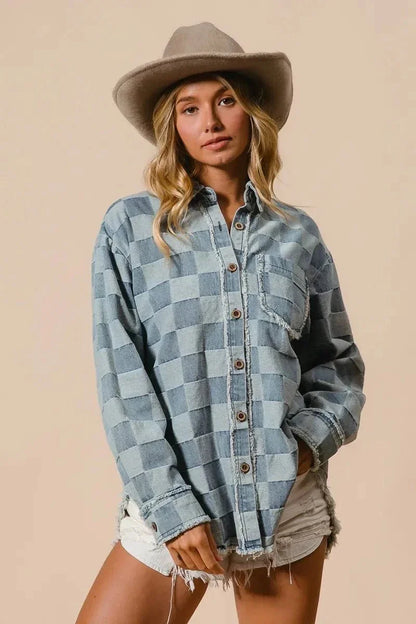 BiBi Frayed Edged Detail Washed Checker Denim Shirt - VILLA FASHION