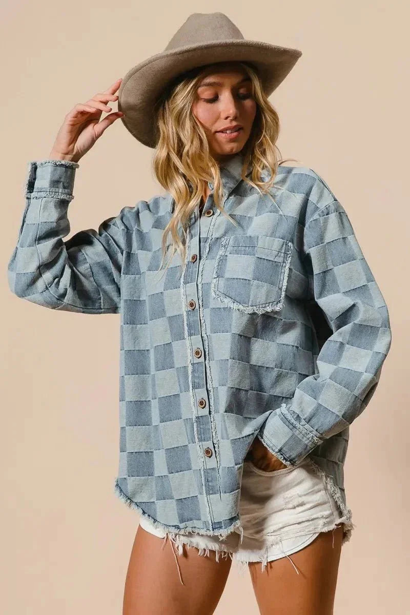 BiBi Frayed Edged Detail Washed Checker Denim Shirt - VILLA FASHION
