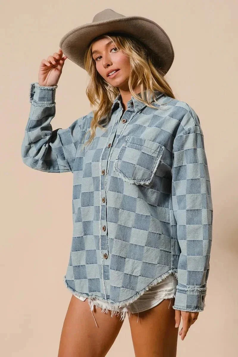 BiBi Frayed Edged Detail Washed Checker Denim Shirt - VILLA FASHION
