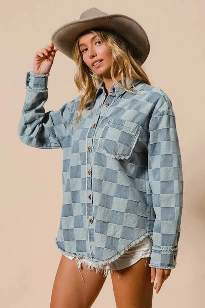 BiBi Frayed Edged Detail Washed Checker Denim Shirt - VILLA FASHION