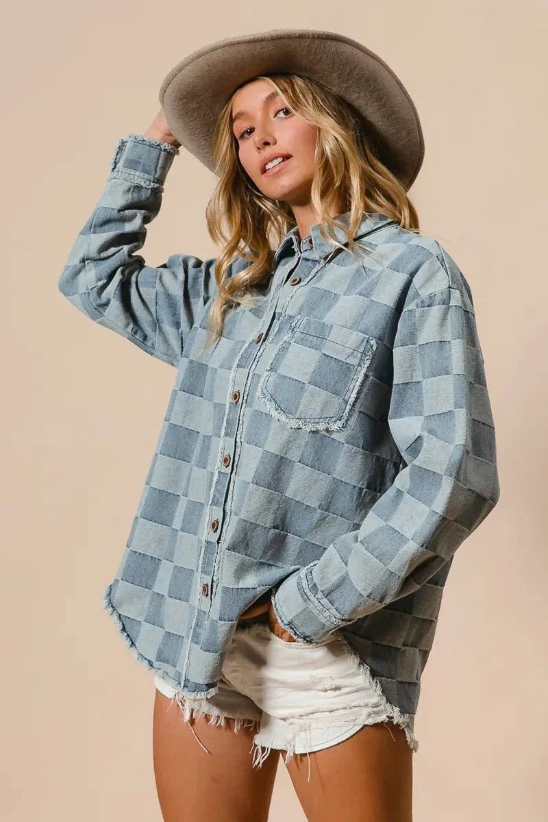 BiBi Frayed Edged Detail Washed Checker Denim Shirt - VILLA FASHION