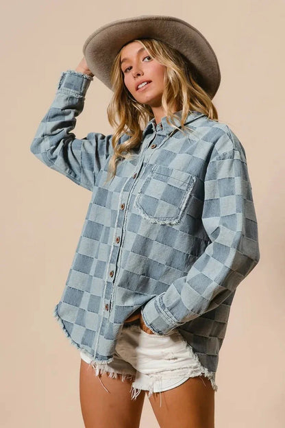 BiBi Frayed Edged Detail Washed Checker Denim Shirt - VILLA FASHION
