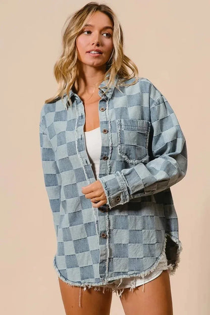 BiBi Frayed Edged Detail Washed Checker Denim Shirt - VILLA FASHION