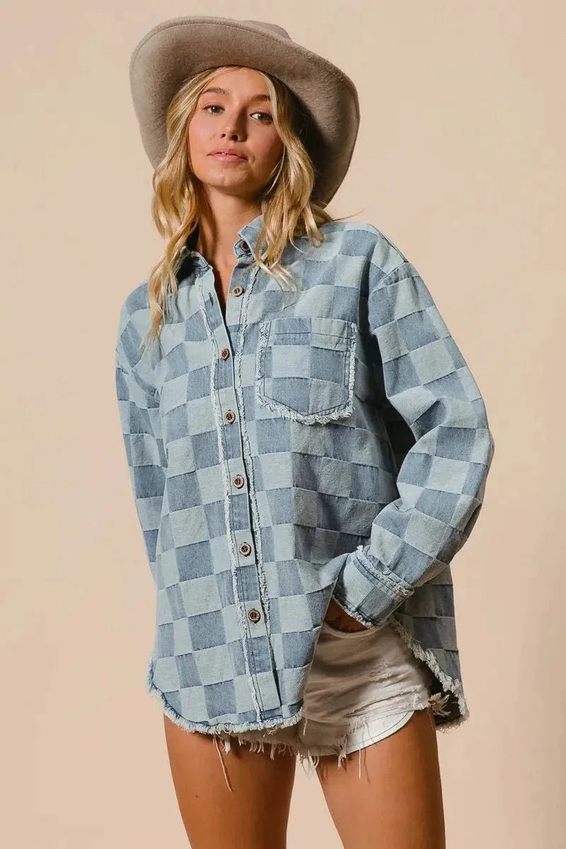 BiBi Frayed Edged Detail Washed Checker Denim Shirt - VILLA FASHION