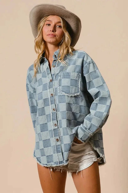 BiBi Frayed Edged Detail Washed Checker Denim Shirt - VILLA FASHION