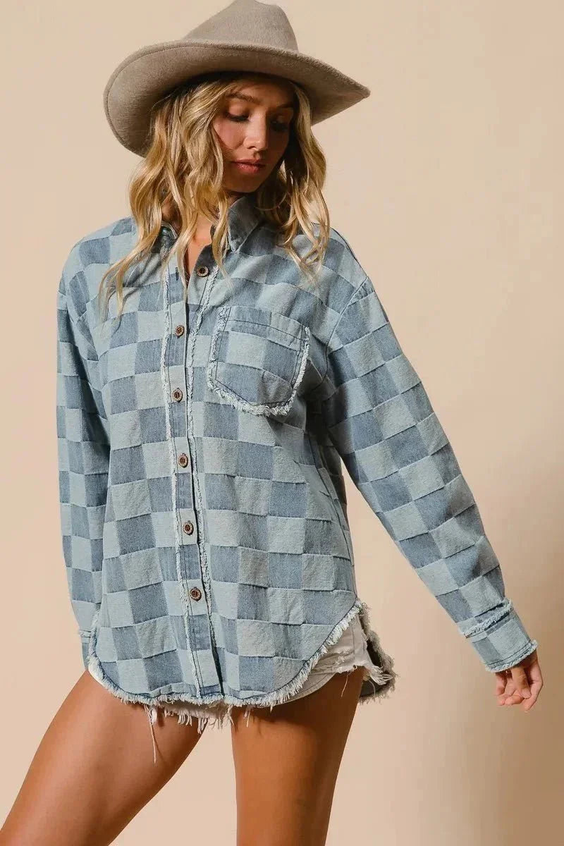 BiBi Frayed Edged Detail Washed Checker Denim Shirt - VILLA FASHION