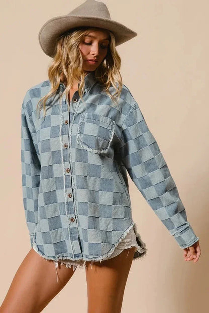 BiBi Frayed Edged Detail Washed Checker Denim Shirt - VILLA FASHION