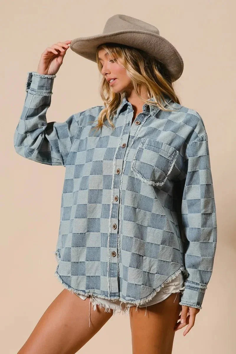 BiBi Frayed Edged Detail Washed Checker Denim Shirt - VILLA FASHION
