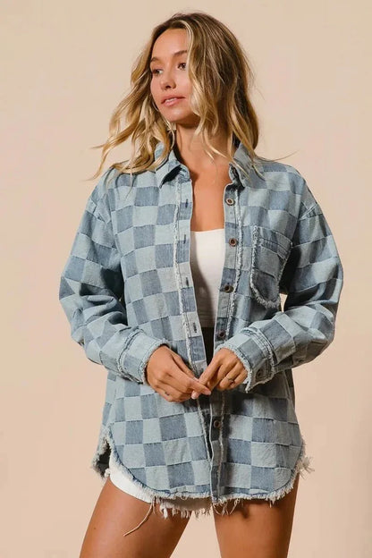 BiBi Frayed Edged Detail Washed Checker Denim Shirt - VILLA FASHION