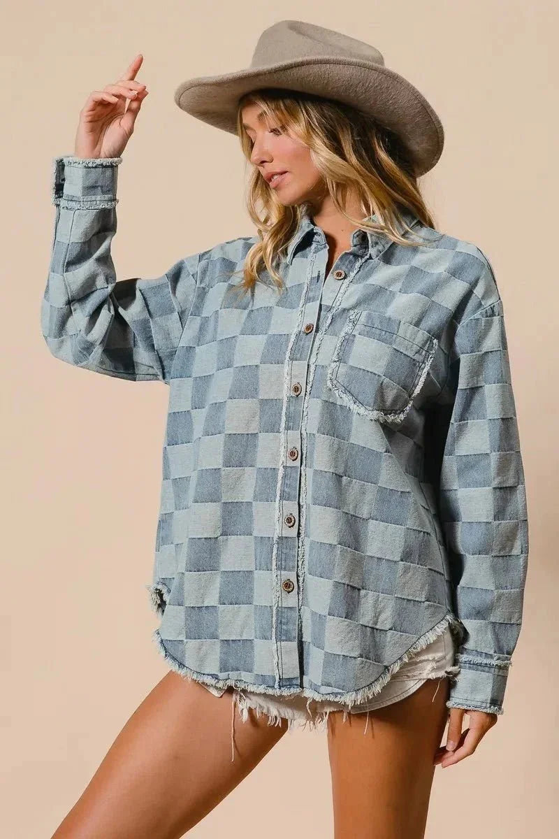 BiBi Frayed Edged Detail Washed Checker Denim Shirt - VILLA FASHION