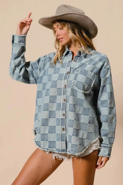 BiBi Frayed Edged Detail Washed Checker Denim Shirt - VILLA FASHION
