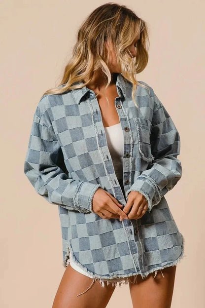 BiBi Frayed Edged Detail Washed Checker Denim Shirt - VILLA FASHION