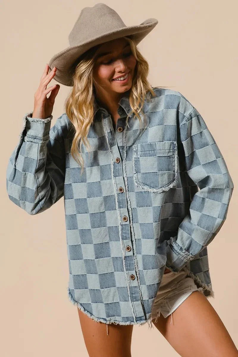 BiBi Frayed Edged Detail Washed Checker Denim Shirt - VILLA FASHION