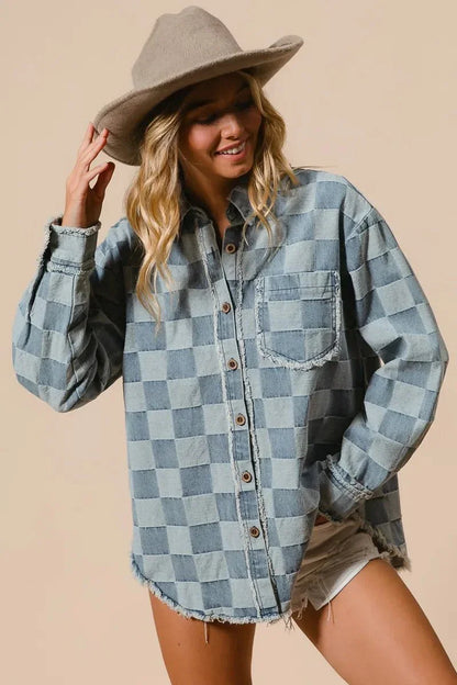 BiBi Frayed Edged Detail Washed Checker Denim Shirt - VILLA FASHION