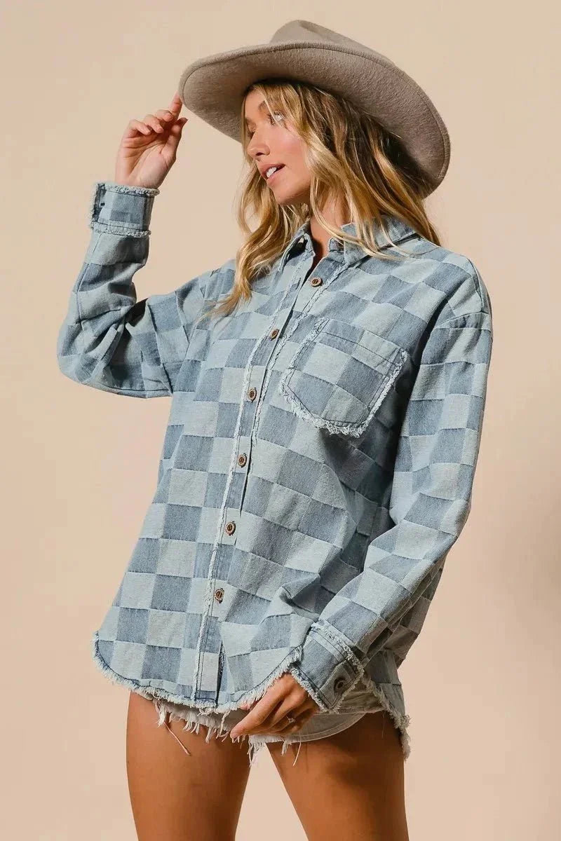BiBi Frayed Edged Detail Washed Checker Denim Shirt - VILLA FASHION