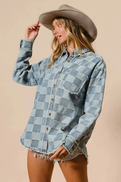 BiBi Frayed Edged Detail Washed Checker Denim Shirt - VILLA FASHION