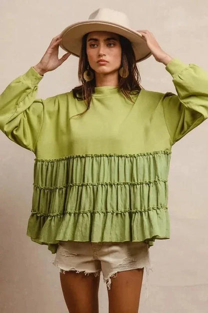BiBi French Terry and Woven Mixed Tiered Top - VILLA FASHION
