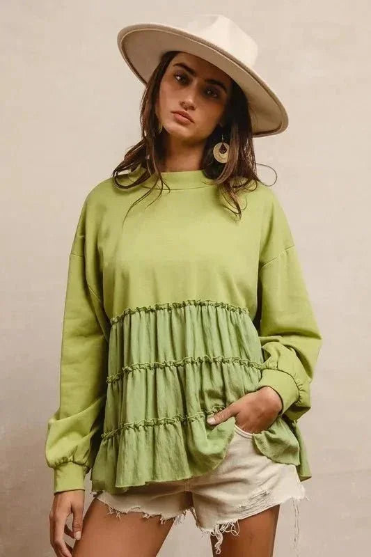 BiBi French Terry and Woven Mixed Tiered Top - VILLA FASHION