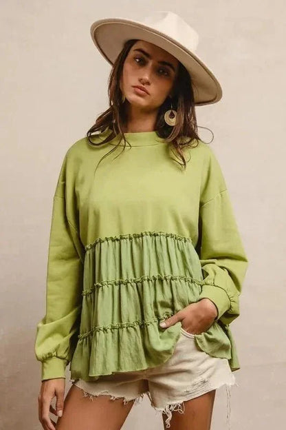 BiBi French Terry and Woven Mixed Tiered Top - VILLA FASHION