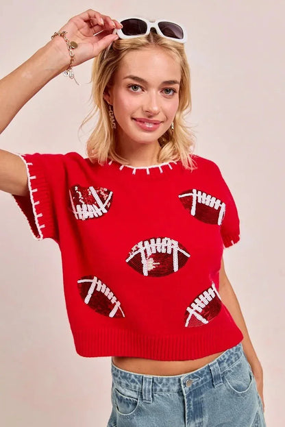 BiBi Gameday Sequin Football Embroidered Stitch Sweater - VILLA FASHION
