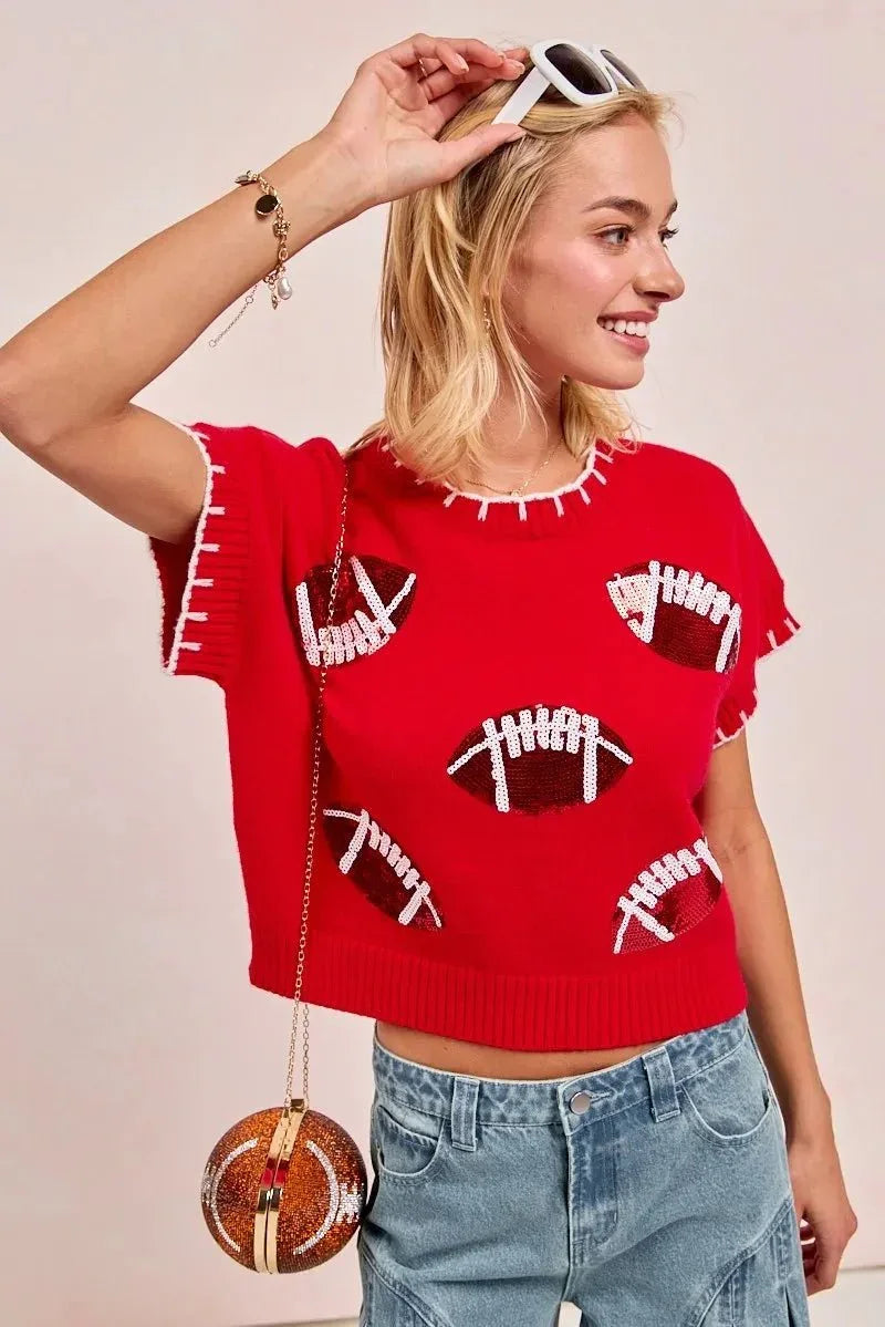 BiBi Gameday Sequin Football Embroidered Stitch Sweater - VILLA FASHION