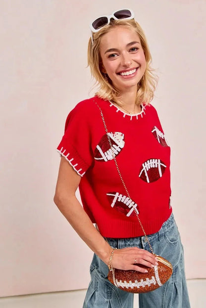 BiBi Gameday Sequin Football Embroidered Stitch Sweater - VILLA FASHION