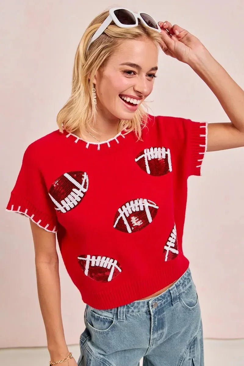 BiBi Gameday Sequin Football Embroidered Stitch Sweater - VILLA FASHION