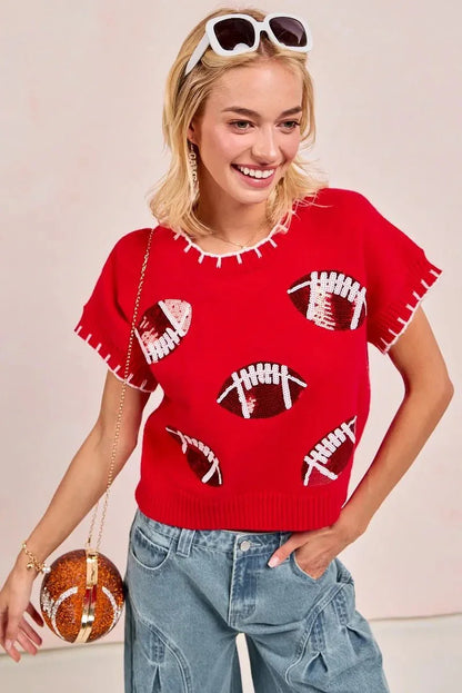 BiBi Gameday Sequin Football Embroidered Stitch Sweater - VILLA FASHION