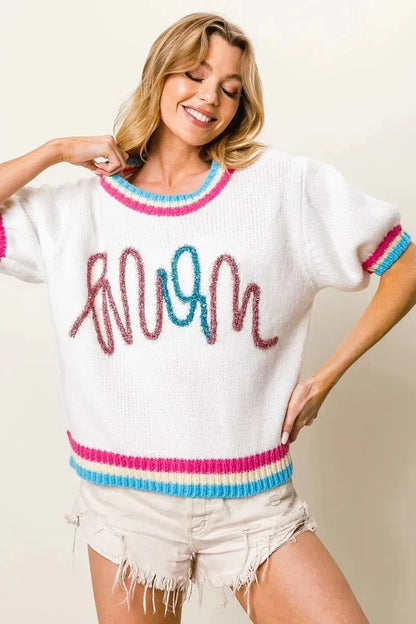BiBi Metallic Letter Short Puff Sleeve Sweater - VILLA FASHION