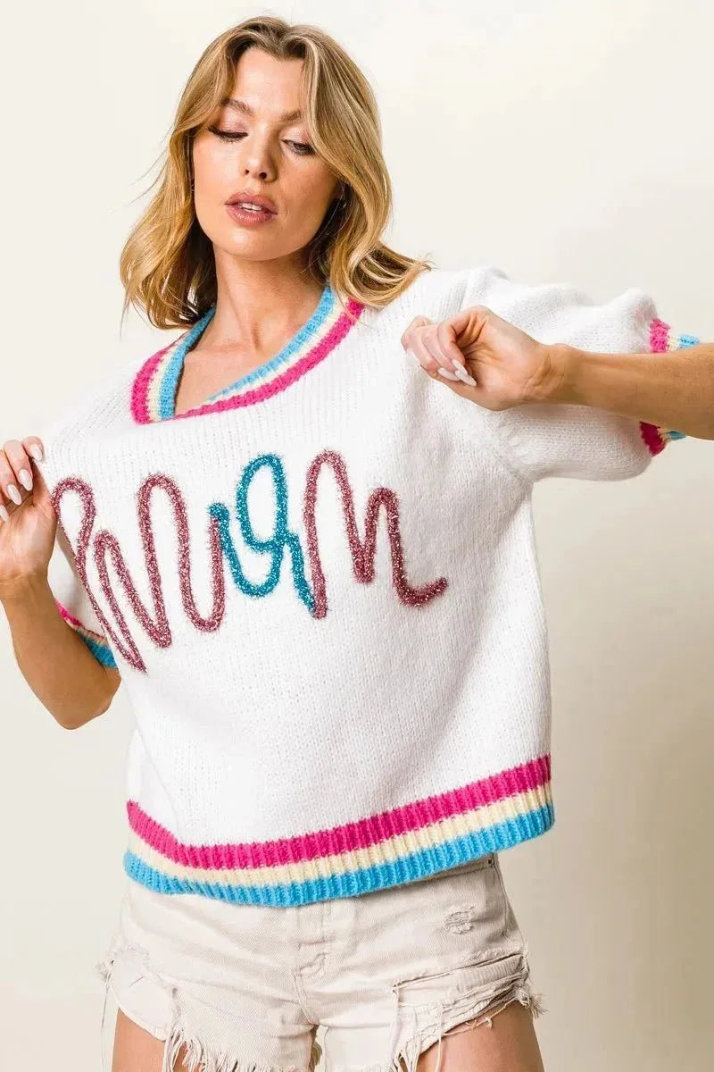BiBi Metallic Letter Short Puff Sleeve Sweater - VILLA FASHION