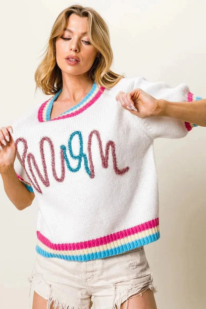 BiBi Metallic Letter Short Puff Sleeve Sweater - VILLA FASHION