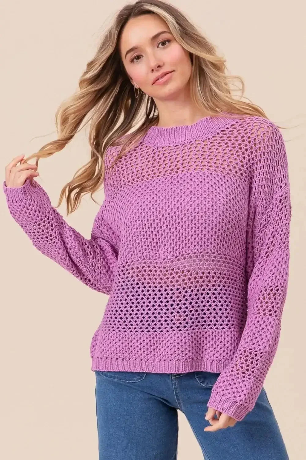 BiBi Openwork Long Sleeve Knit Top - VILLA FASHION
