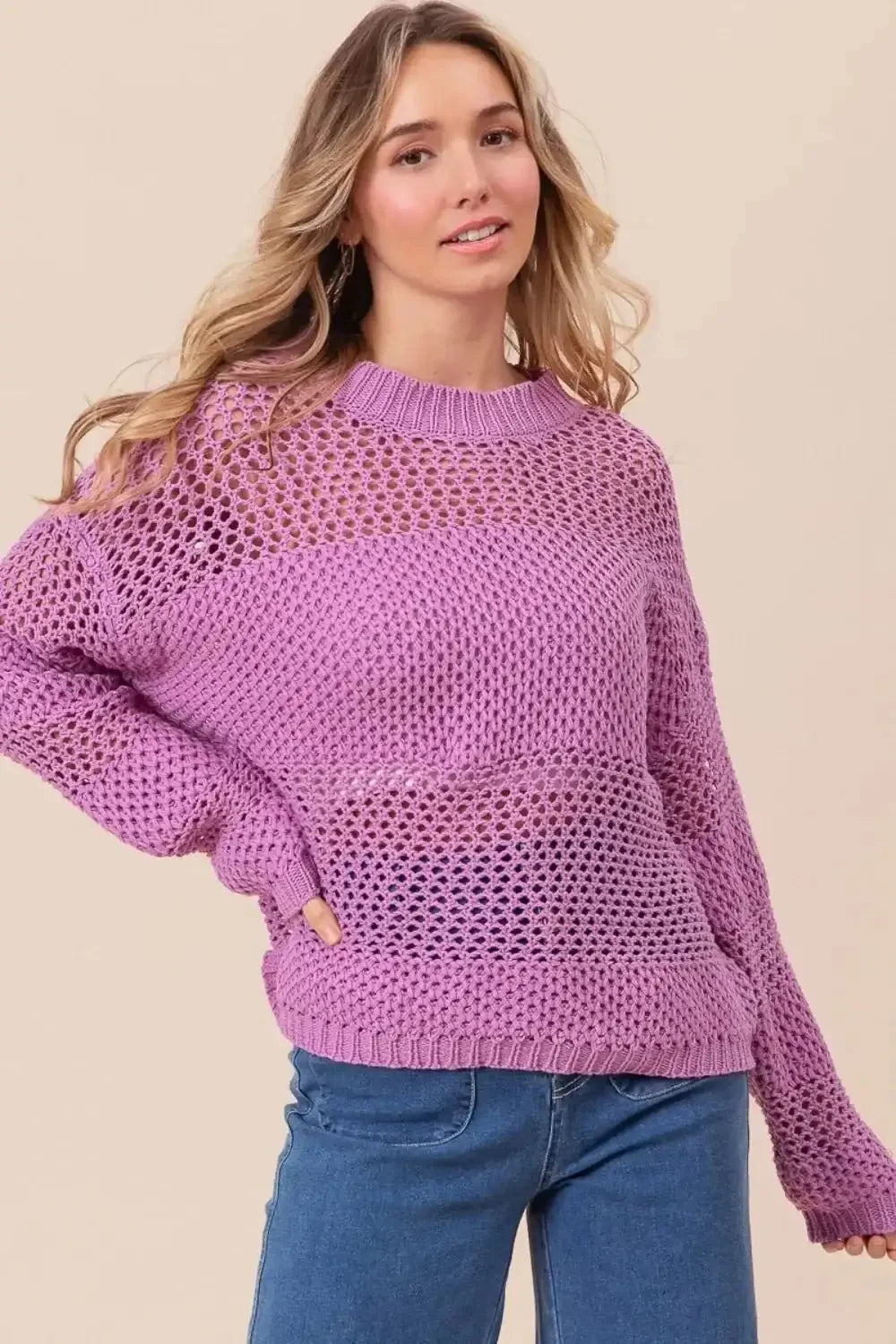 BiBi Openwork Long Sleeve Knit Top - VILLA FASHION