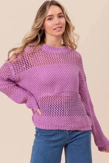 BiBi Openwork Long Sleeve Knit Top - VILLA FASHION
