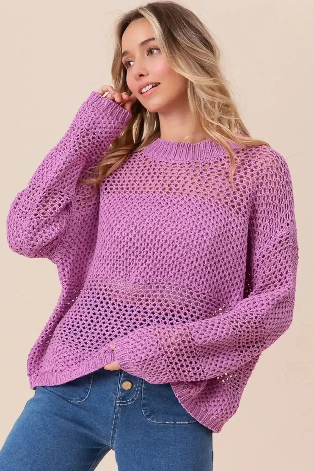 BiBi Openwork Long Sleeve Knit Top - VILLA FASHION